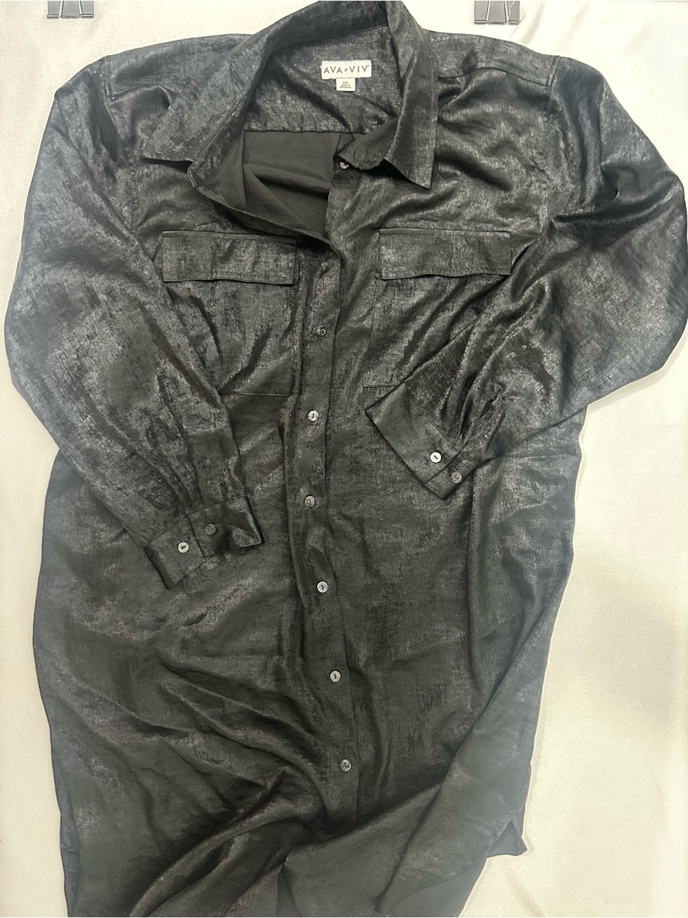 Ava & Viv Black Shimmery Long-Sleeve Button-Up Dress